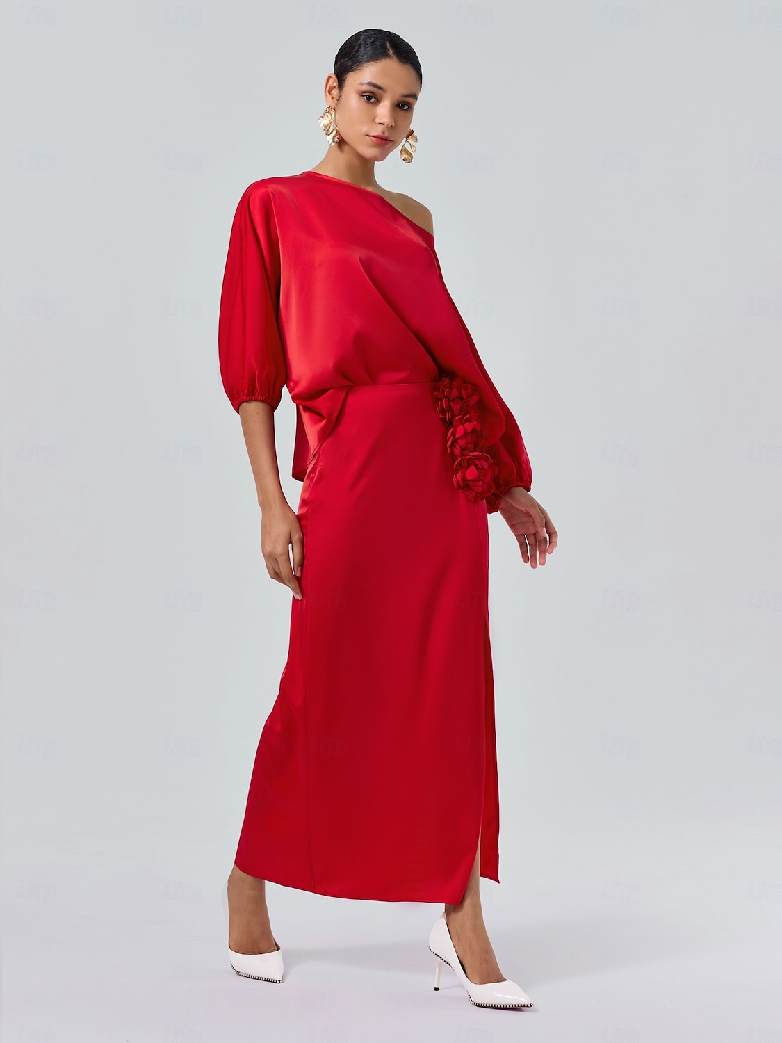Set di due pezzi per invitati al matrimonio in raso, collo slash floreale, maniche a Giulietta, gamba larga del 2025 a $55.99 –P8