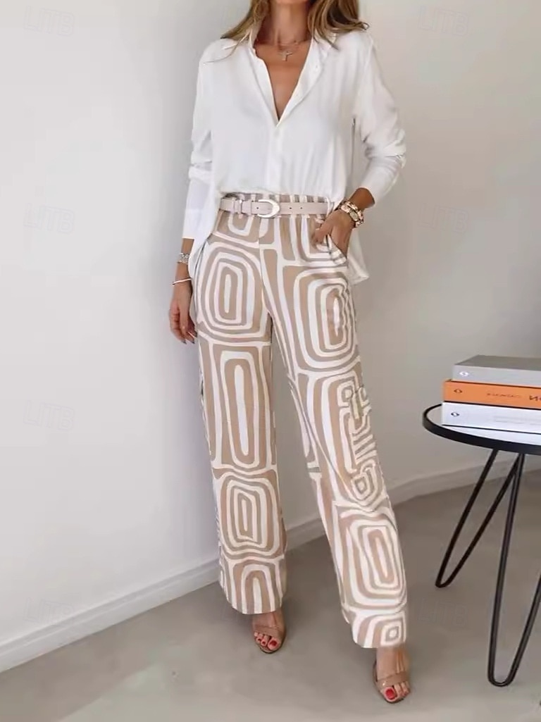 Women's Fashion Streetwear Daily Shirt Linen-Inspired Sets Two Piece Sets Dress Pants Long Sleeve Bishop Sleeve Shirt Collar Plain Printing Patchwork Print Formal Casual Daily Khaki Fall Regular Fit 2025 - $31.99 –P1