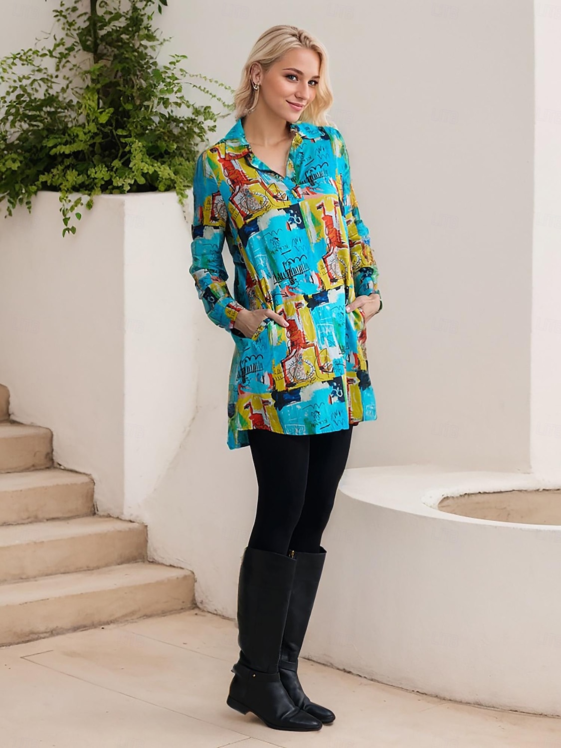 vestido mini camisa rayon graffiti com punho e lapela de 2025 por $49.99 –P6