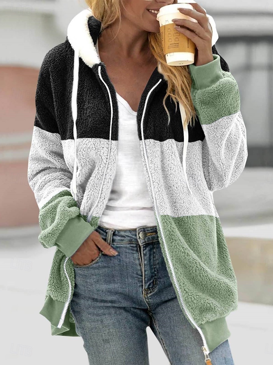 Women's Winter Coat Winter Jacket Fleece Jacket Teddy Coat Outdoor Street Daily Fall Winter Regular Coat Regular Fit Warm Breathable Comtemporary Stylish Jacket Long Sleeve Stripe with Pockets Full 2025 - $24.99 –P1