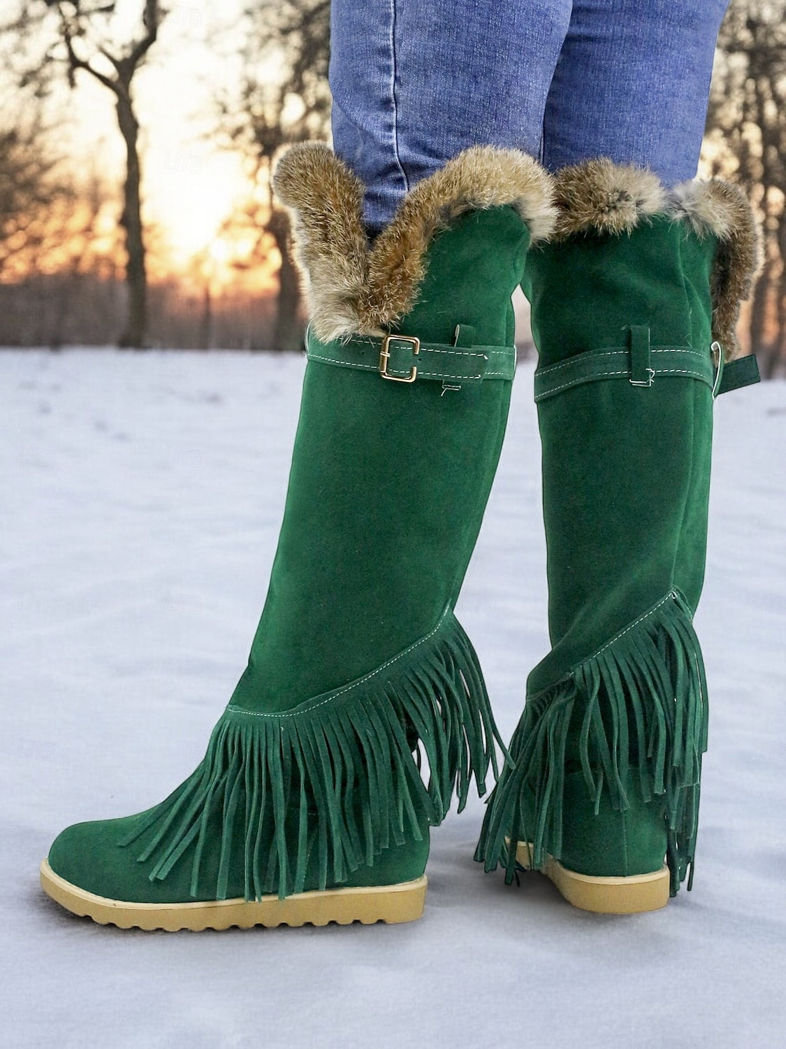Botas de inverno femininas de camurça verde mocassim com forro de pele e detalhes de franjas – botas de neve confortáveis na altura do joelho para o tempo frio de 2025 por $59.99 –P2