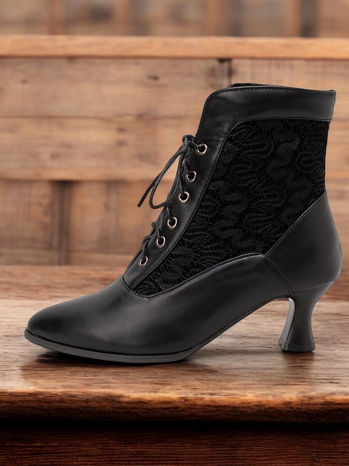 stivaletti allacciati in stile vittoriano nero da donna con pannello in pizzo e tacchi a gattino - elegante stile vintage per occasioni formali e casual del 2025 a $46.99 –P3