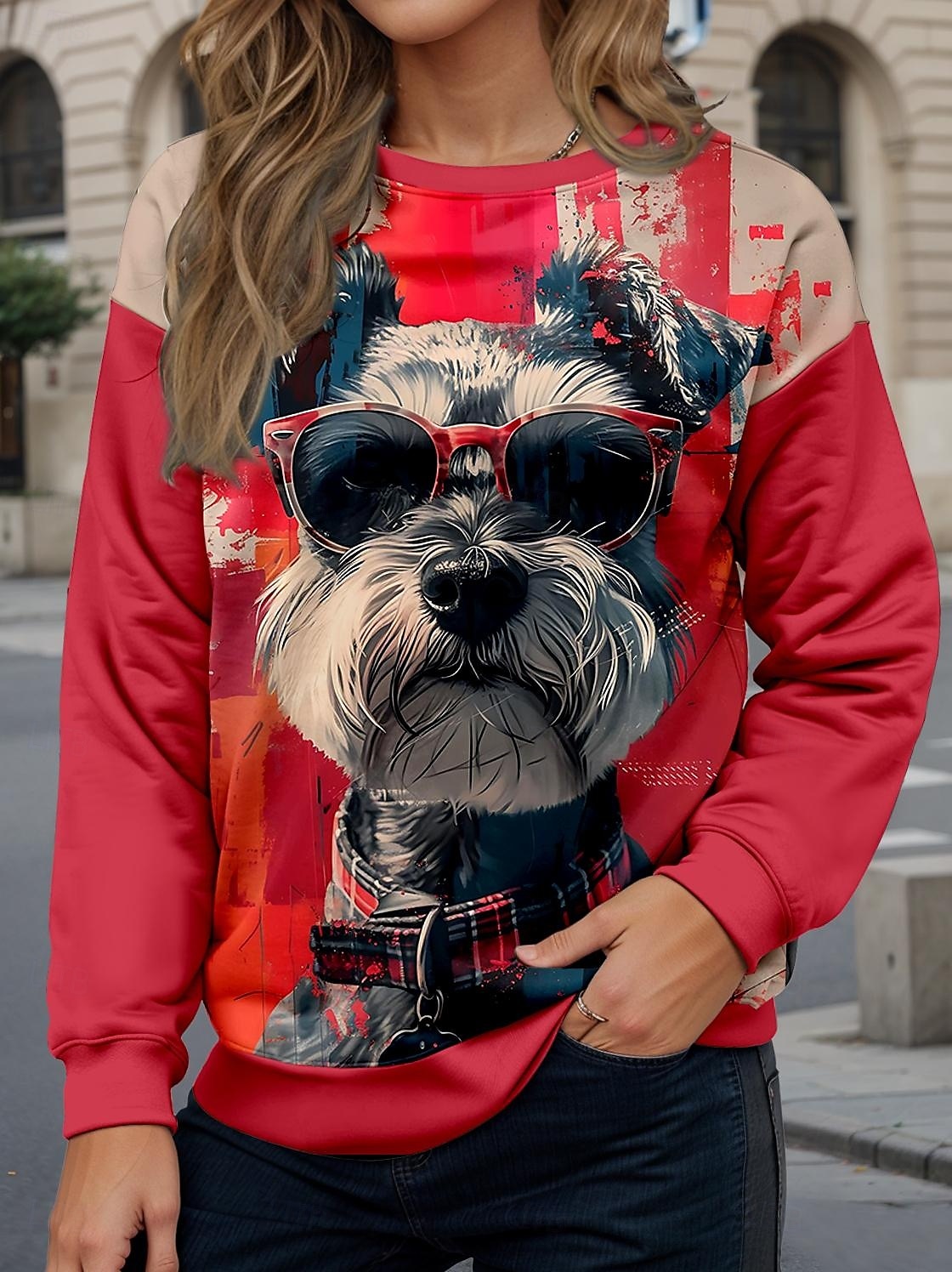 naisten collegepaita rento koira street dailywear pyöreä kaulaprintti pitkähihainen punainen syksy talvi 2025 - $24.99 –P1