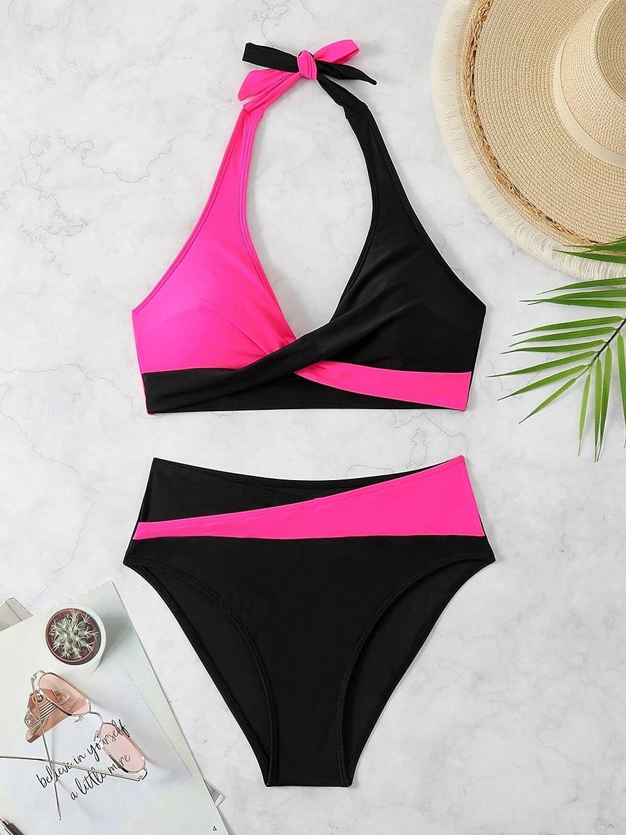 Női fürdőruhák Bikini 2 részes Párnázott fürdőruha Hátsó részes Nyaralás Tengerparti Öltözet Egyszínű Nyakpánt Ujjatlan Fürdőruhák 2025 - $29.99 –P3