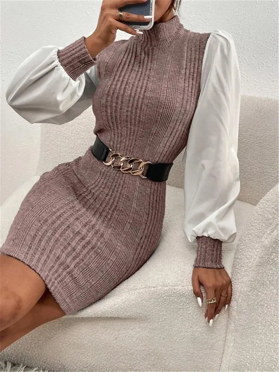 Damen Casual kleid Minikleid Patchwork Brautkleider schlicht Ständer Langarm Braun Beige Farbe 2026 - $33.99 –P9
