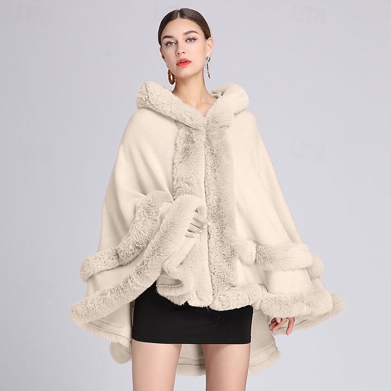mulheres com capuz poncho capa xale de pele sintética envoltório com acabamento de pele cardigan sem mangas elegante capa moda tops casaco de 2025 por $93.99 –P13