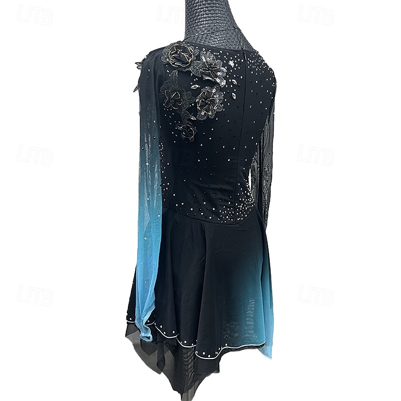 Figure Skating Dress Women's Girls' Ice Skating Dress Black Patchwork Thumbhole Mesh Spandex Stretchy Training Practice Professional Skating Wear Thermal Warm Crystal / Rhinestone Long Sleeve Ice 2025 - $294.49 –P5