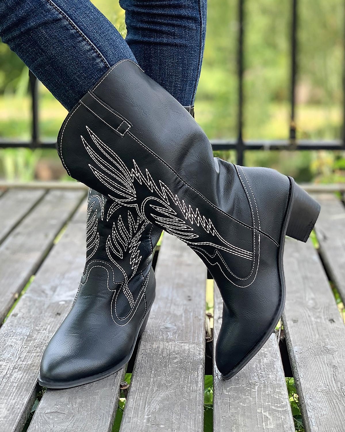 damskie kowbojskie buty w stylu western – klasyczne, sięgające do połowy łydki, brązowe, ze sztucznej skóry z haftowanym wzorem, idealne na co dzień, na festiwale i do strojów wiejskich 2025 - $42.99 –P1
