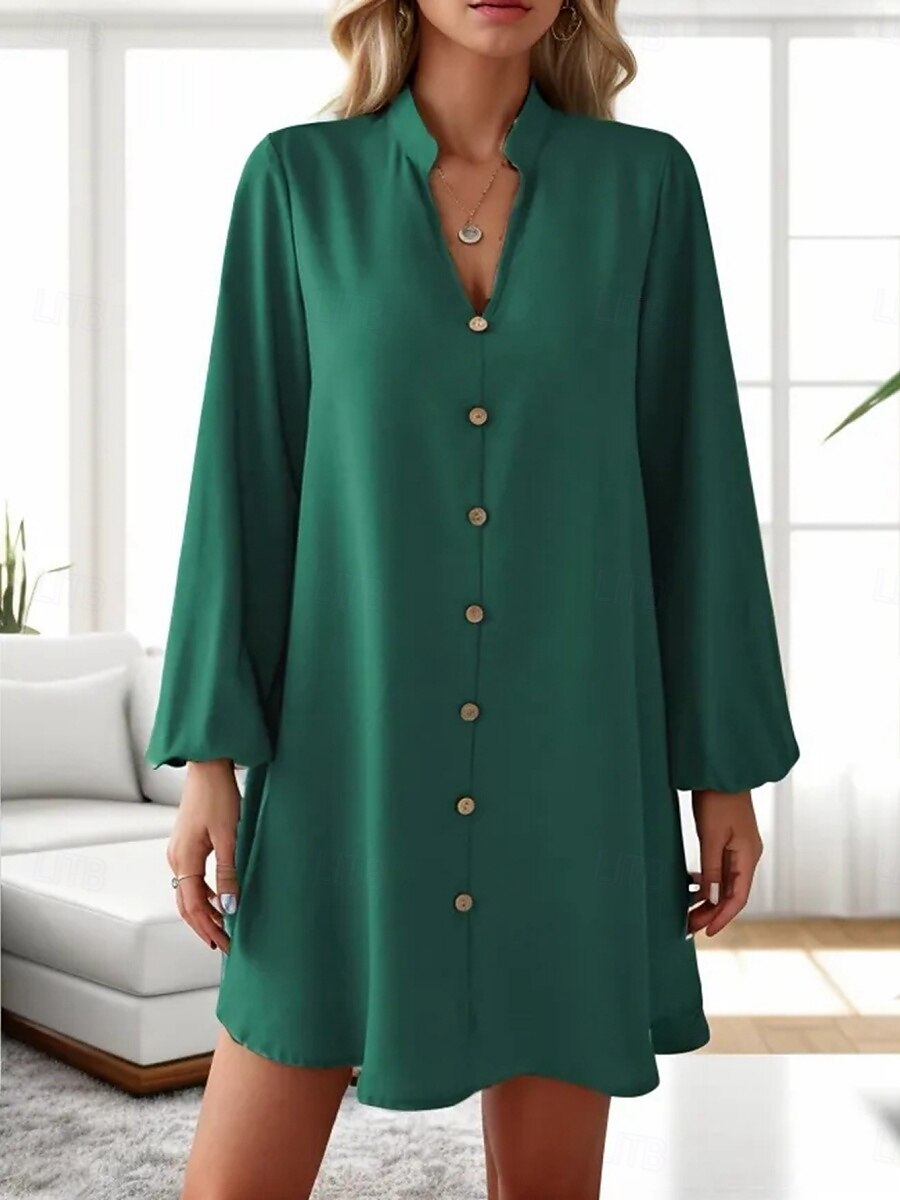 Naisten Rento mekko Mini mekko Napit Vapaa-aika V kaula-aukko Pitkähihainen Apila Khaki Väri 2025 - $41.99 –P9