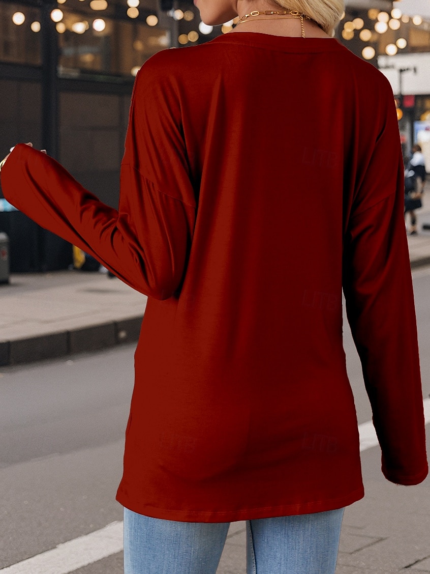 Camiseta de mujer con estampado casual, manga larga, cuello en V, para uso diario, color rojo, para primavera y otoño 2025 - $24.99 –P3