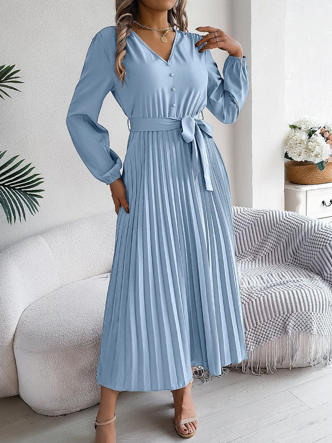 Women's Vintage Dress Mini Dress Pleated High Waist Elegant Formal V Neck Long Sleeve Blue Green Khaki Color 2025 - $41.99 –P7