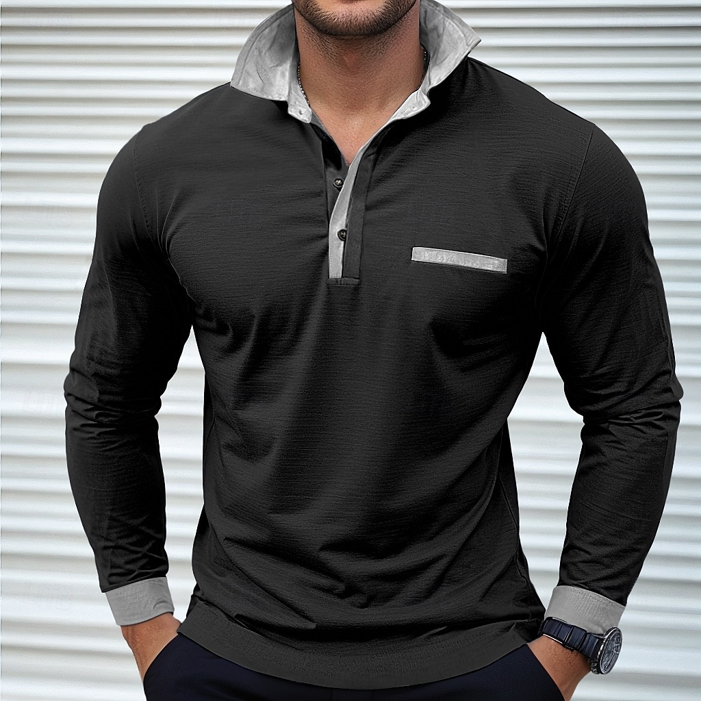 Herren Poloshirts Golf Poloshirts Strasse Geschäft Kargen Klassisch Langarm Modisch Basic Patchwork Tasche Farbblock Herbst Winter Jahreszeiten Regular Fit Hellblau Babyblau Schwarz Weiß Burgunderrot 2025 - $26.99 –P9