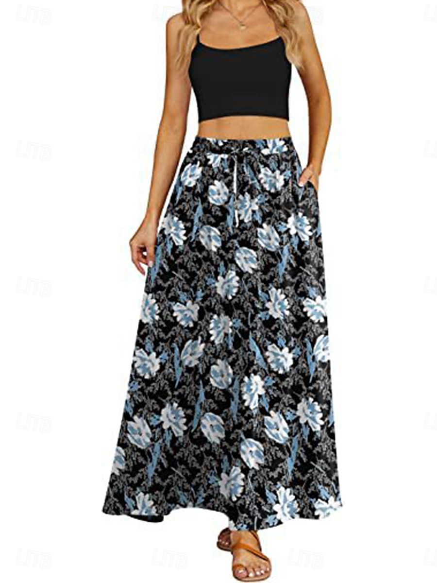 női hosszú szoknya maxi szoknya patchwork virágos grafika alkalmi mindennapi nyári elegáns vintage kék fekete kék khaki 2025 - $23.99 –P6