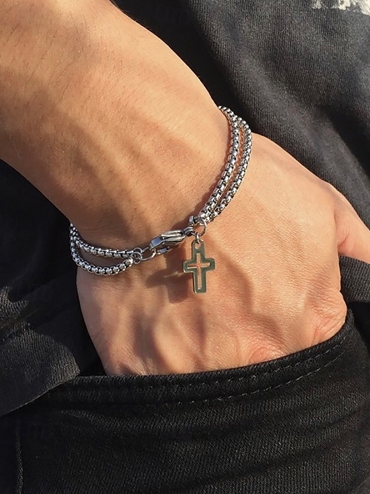 Herrenarmband mit Kreuzanhänger – doppellagiges Kettendesign für religiöse oder lässige Anlässe 2025 - $7.99 –P2