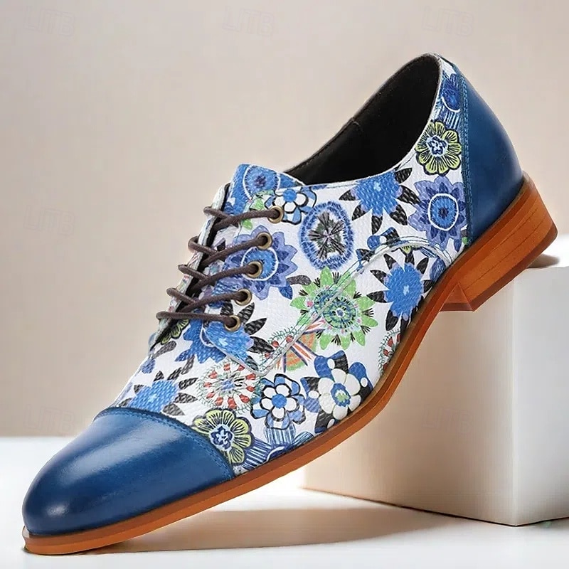 oxfordskor i kohud med blommigt tryck för män – blå och vita skor i vintagestil för bröllop och högtidliga tillfällen 2025 - $99.99 –P1