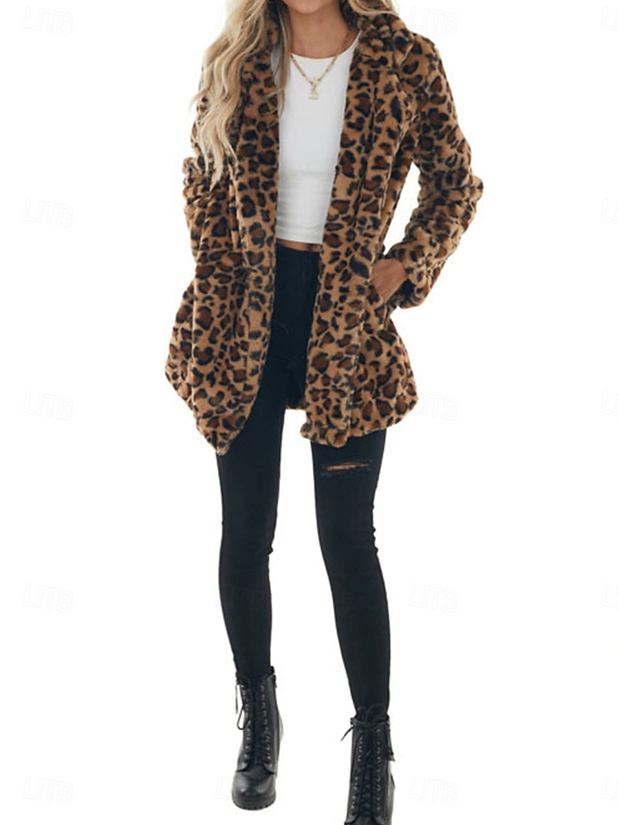 Femme Manteau d'hiver Chaud Respirable Patchwork Avec poches Rétro Vintage Mode Léopard Fête / Soirée Ouvrir le devant Longue Col rabattu Standard manche longue Vêtements d'extérieur Léopard Automne de 2025 ? $58.99 –P4