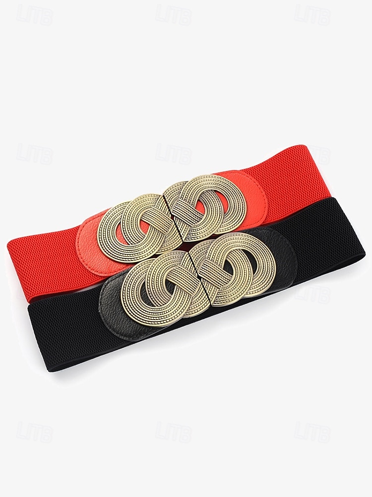 Women's Wide Elastic Waist Belt with Vintage Metal Buckle – Fashion Stretch Belt for Dresses, Tunics, and Blouses – Available in Black, Red, and Brown 2025 - $11.99 –P4
