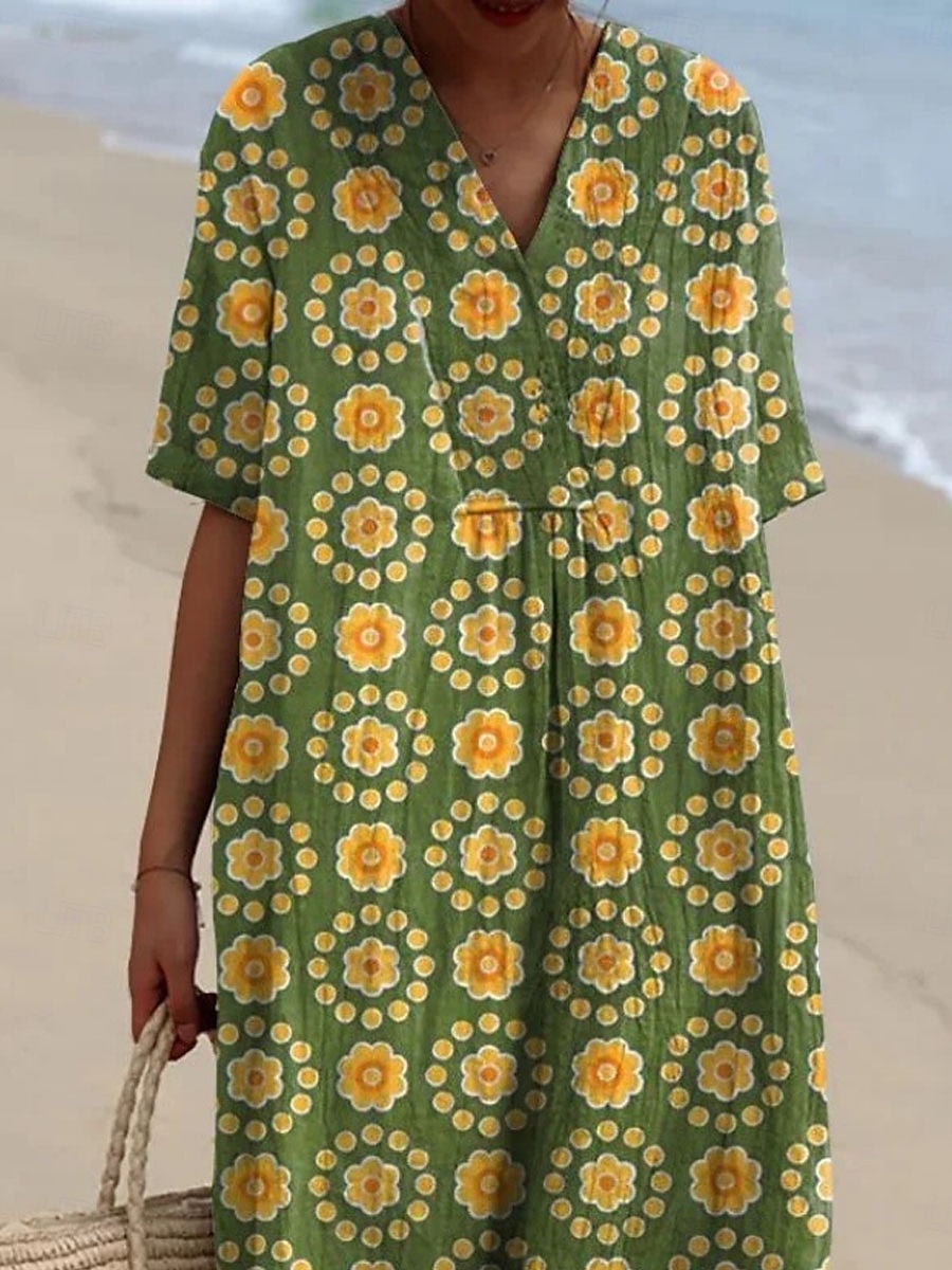 Femmes Robe maxi Robes inspirées du lin Robe Décontractée Robe en coton et lin Robe évasée Occasionnel Quotidien Coupe régulière Fleuri Demi Manches Col en V Vert Été Printemps Automne de 2025 ? $36.99 –P2