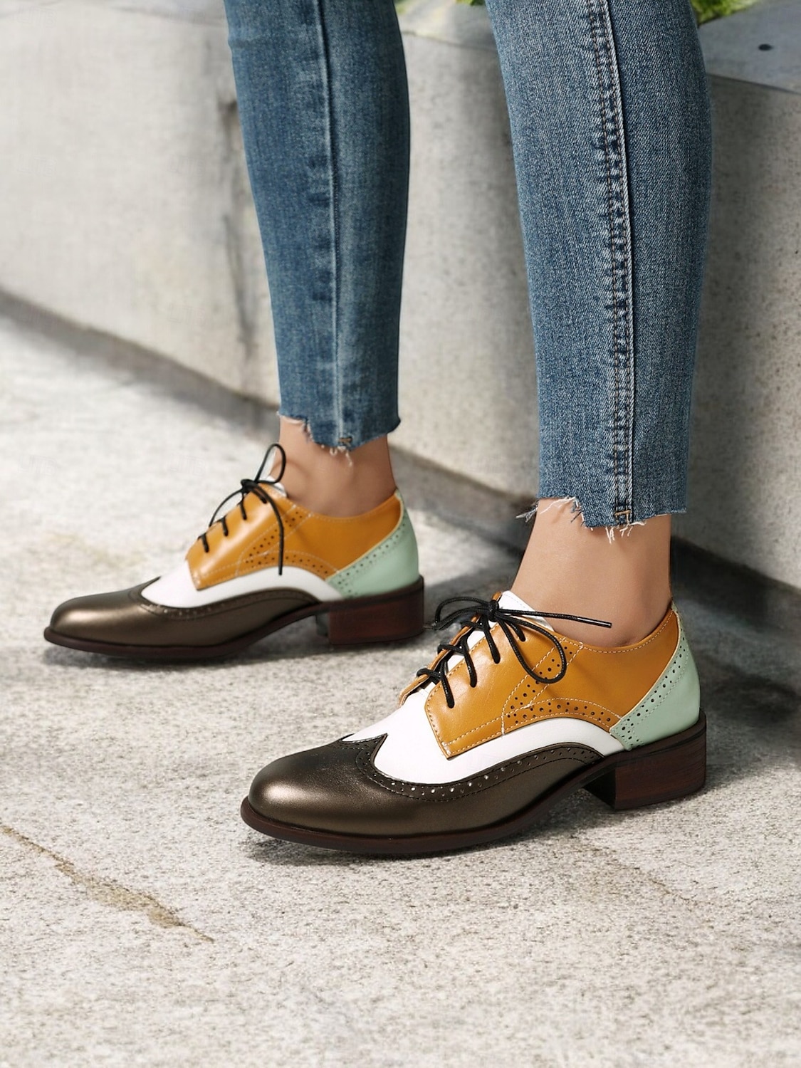 scarpe oxford brogue multicolor da donna con motivo a chevron e pannelli in similpelle a contrasto – ballerine stringate di ispirazione vintage del 2025 a $46.99 –P2