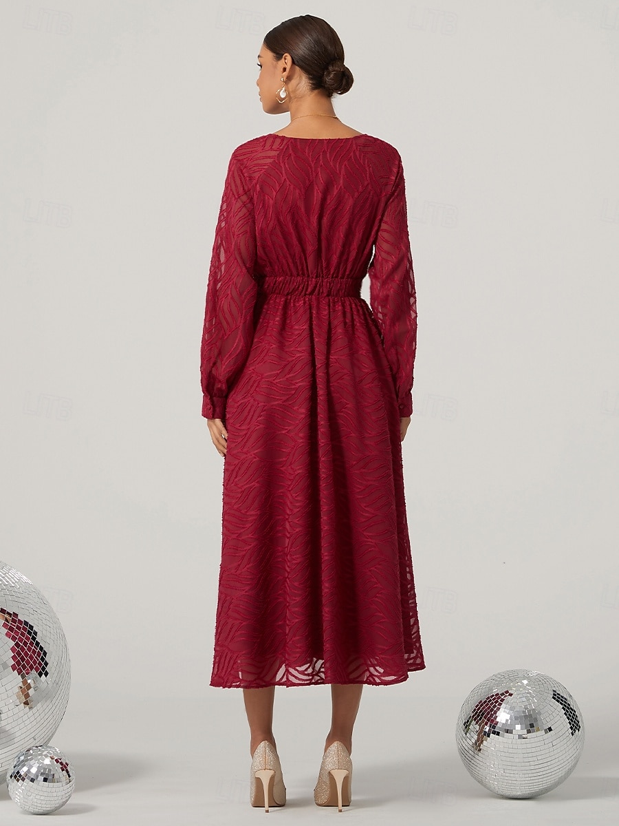 Damen Spitzenkleid Midikleid Hohe Taillenlinie Elegant Vintage V Ausschnitt Langarm Wein Farbe 2025 - GBP £46.33 –P2