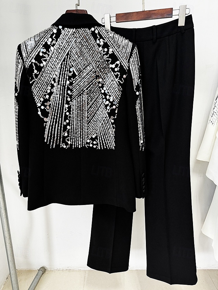 Two Piece Pantsuit Evening Gown Vintage Dress Tuxedo Dress Formal Wedding Floor Length Long Sleeve Shirt Collar  with Glitter 2025 - $199.99 –P9