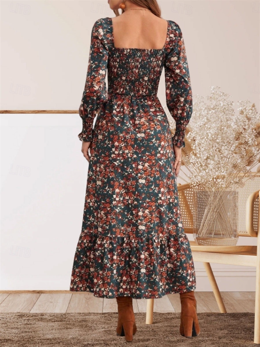 dames bloemen vierkante hals maxi jurk lange mouw zomer lente 2025 - $41.99 –P2