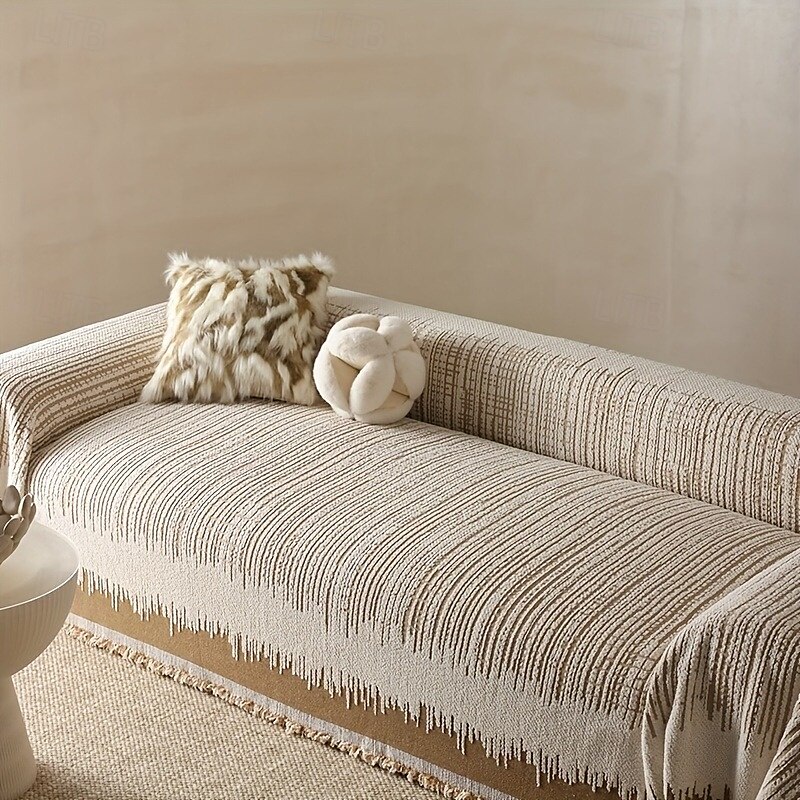 Thickened Sofa Blanket Autumn And Winter Gradient Striped Jacquard Half Velvet Sofa Towel With Tassels Multi-functional Blanket 2025 - $45.99 –P4