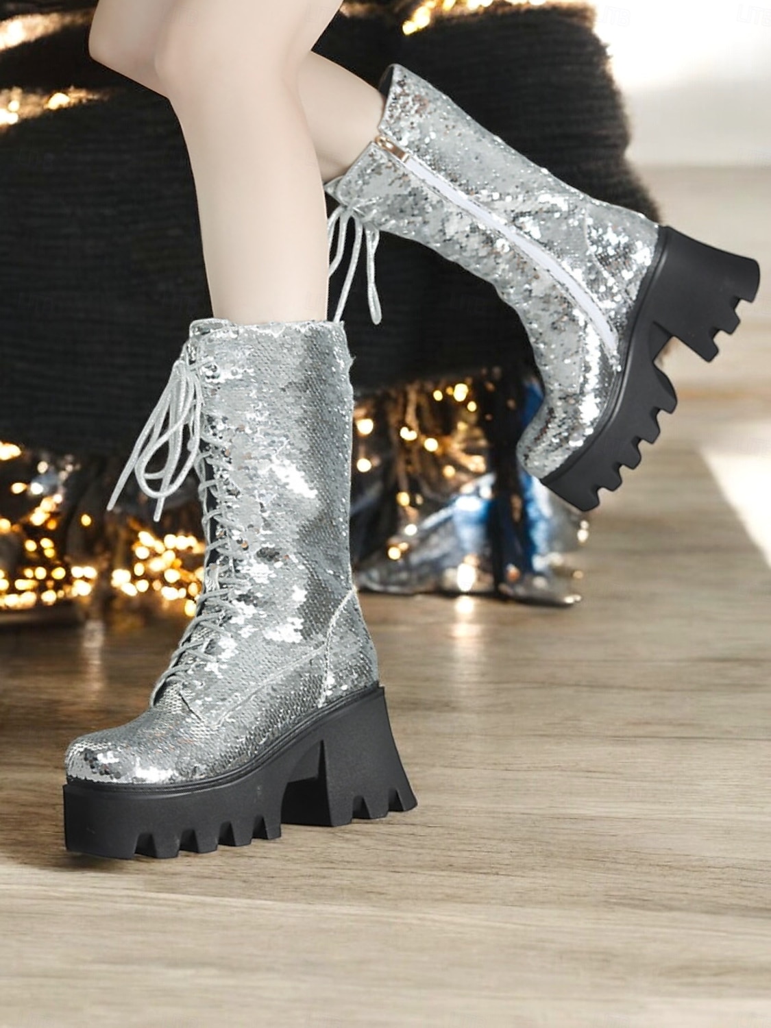 Botas de plataforma con cordones y lentejuelas para mujer: botas de tacón grueso brillantes en verde y azul para fiestas, festivales y cosplay 2025 - $84.99 –P11