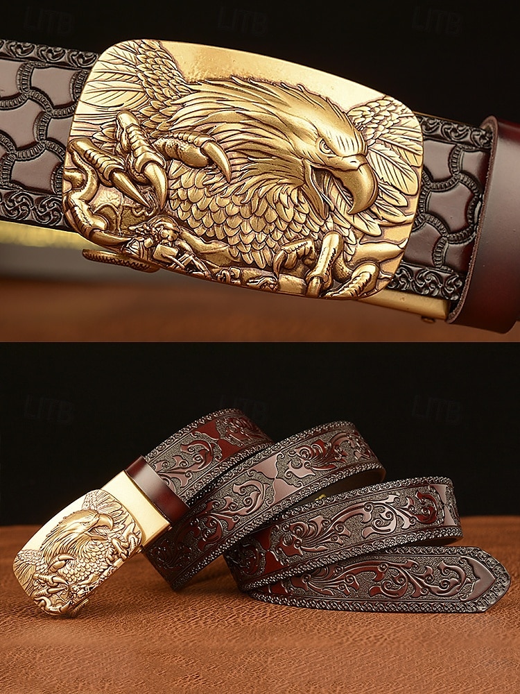 Men's Vintage Leather Belt with Eagle Embossed Buckle – Western Style Adjustable Belt for Casual and Formal Wear 2025 - $26.99 –P5