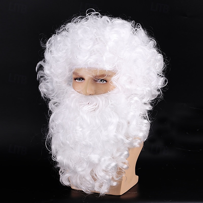 Weihnachtsmann-Bart- und Perückenset, weißer Bart und Perücke, lockige Weihnachtskostüm-Perücke für Männer 2025 - $16.99 –P3