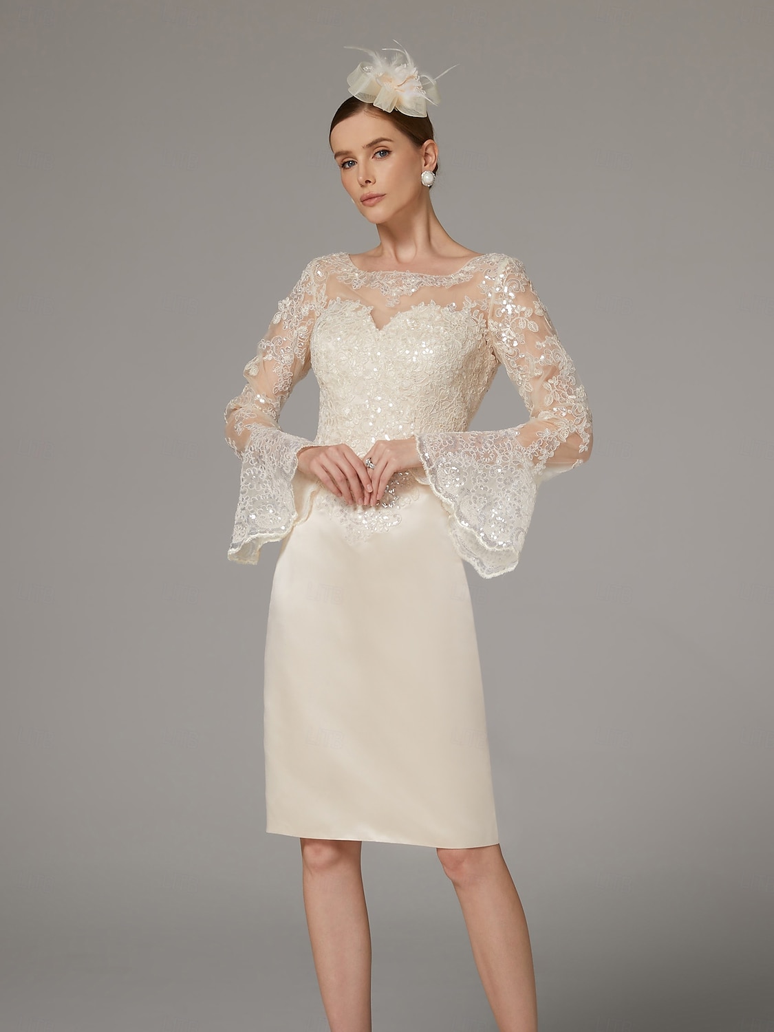 Sheath Kleid Mutter der Braut Kleid Elegantes Vintage Luxuriös Juwelen-Hals Knie-Länge Satin Spitze Langarm Tee-Länge mit Applikationen 2025 - $154.99 –P1