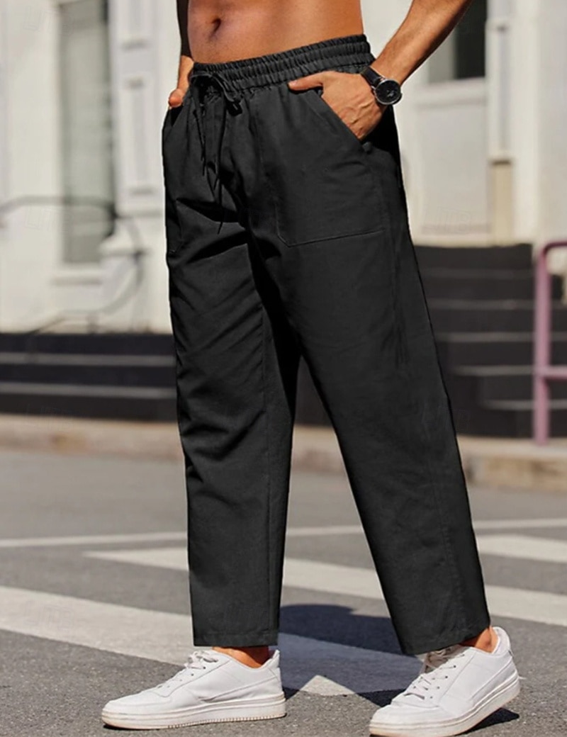 Hombre Pantalones de lino Pantalones Pantalones de verano Correa Cintura elástica Pierna recta Plano Comodidad Transpirable Longitud total Exterior Casual Diario Moda Negocios Negro Blanco 2026 - $25.99 –P8