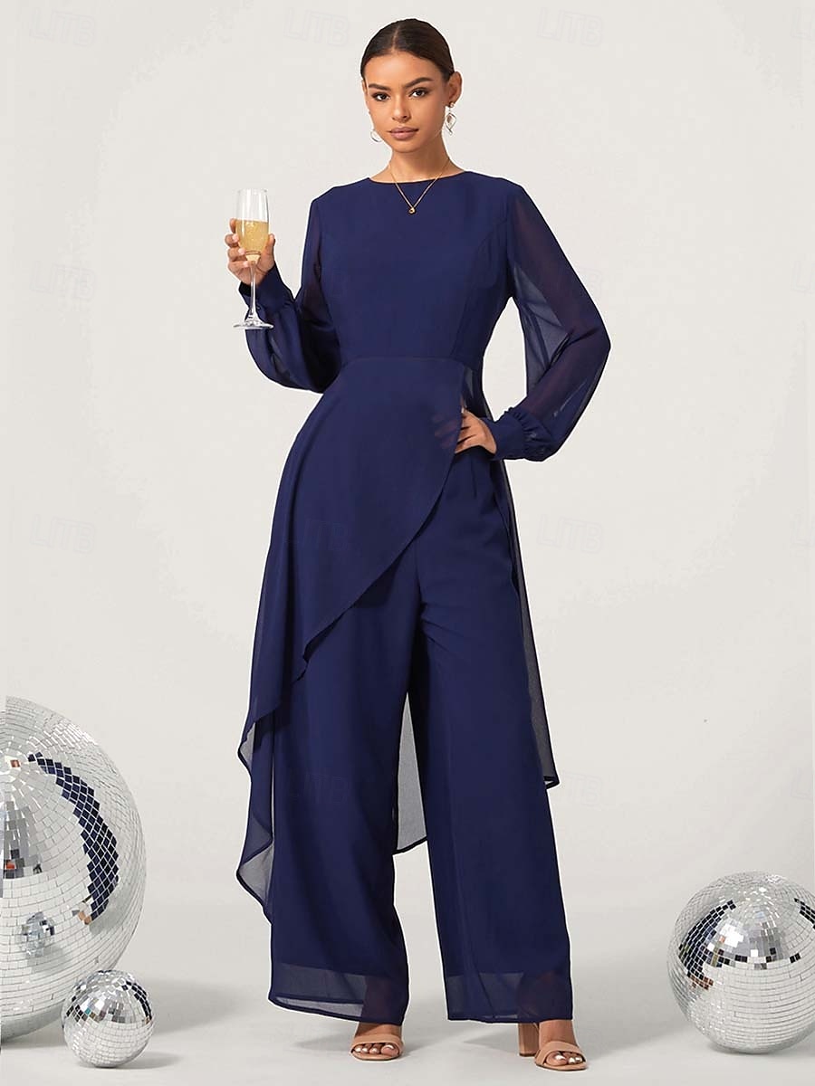 női esküvői vendég jumpsuit elegáns sötétkék hosszú áttetsző ujjú széles láb elegáns esti parti viselet kerek nyakkivágás tavasz nyár ősz 2025 - $59.99 –P2