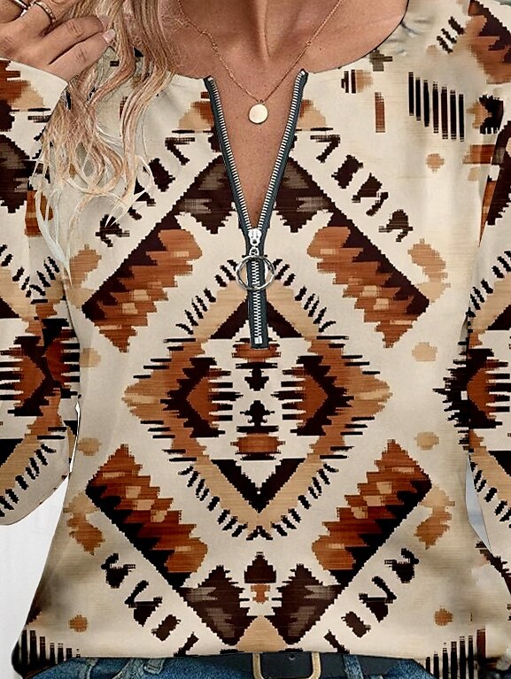 Naisten T-paita Geometrinen Vintage Vapaa-aika Pitkähihainen V kaula-aukko Tavalliset topit Päivittäin Vetoketju Painettu Khaki 봄 & Syksy 2025 - $27.99 –P3