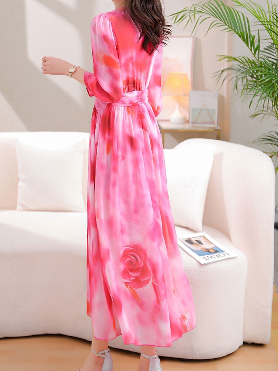 Damen Maxidress Kleid drucken Graphic Modisch elegante kleider Party Täglich Verabredung Hohe Taillenlinie 3/4 Ärmel V Ausschnitt Kleid Regular Fit Rote Blau Frühling Herbst S M L 2025 - $44.99 –P4