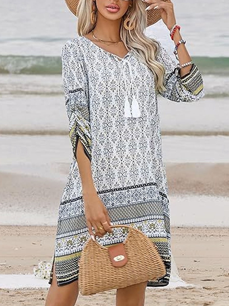 Dámské Mini šaty Volnočasové šaty Boho šaty Na běžné nošení Denní Běžný Květinový 3/4 délka rukávu Do V Bílá Světlá růžová Námořnická modř Léto Jaro 2025 - $25.99 –P11