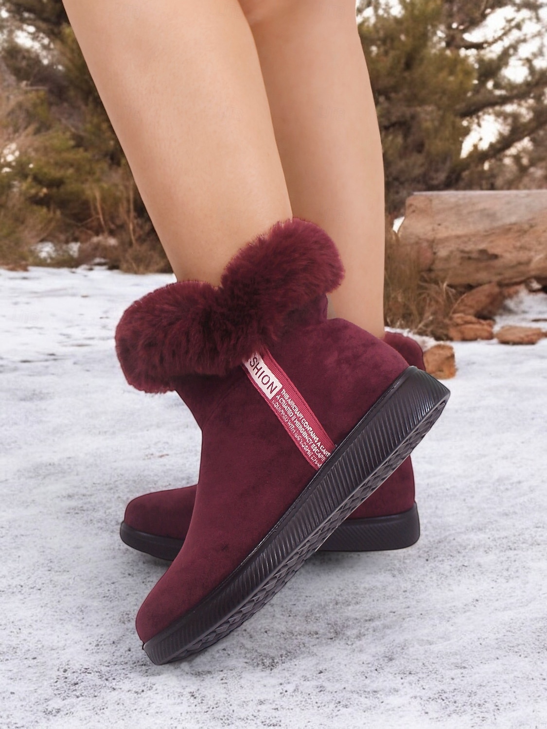 botins femininos de camurça bordô com punho de pele sintética e sola antiderrapante – calçados quentes de inverno para uso casual e ao ar livre de 2025 por $34.99 –P1