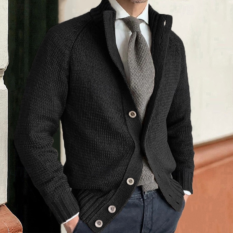 Herren Strickjacke Kurzer Pullover Gerippt Stricken Standard Knopf Feste Farbe Ständer Modisch Klassisch Urlaub Freizeitskleidung Bekleidung Herbst Winter Schwarz Kaki M L XL 2025 - $38.99 –P1