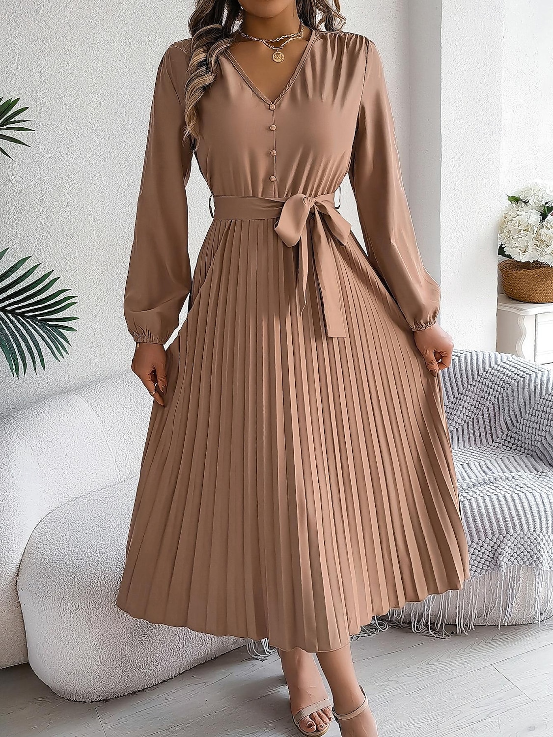 Women's Vintage Dress Mini Dress Pleated High Waist Elegant Formal V Neck Long Sleeve Blue Green Khaki Color 2025 - $41.99 –P1
