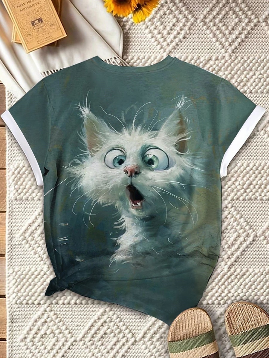 Dame T skjorte Katt Fritid Kortermet Rund hals Vanlige topper Daglig Trykt mønster Grønn Sommer 2025 - $19.99 –P2