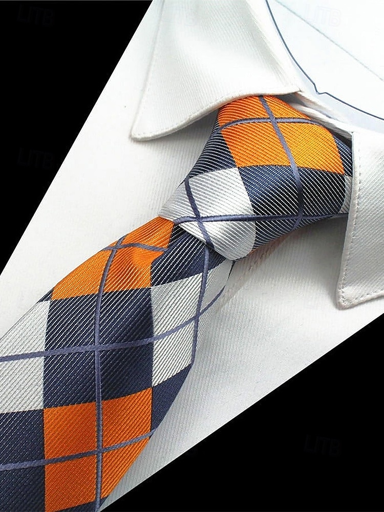 Men's Orange and Navy Plaid Necktie Set with Pocket Square and Cufflinks – Stylish Formal Accessory for Weddings and Business Attire 2025 - $14.99 –P2
