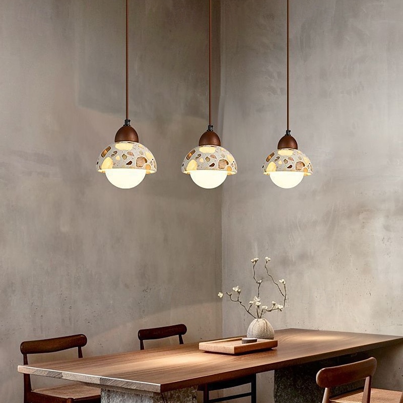 wabi-sabi terrazzo pendellampe rund halvkule sement massivt tre 1-lys pendel 85-265v 2025 - $109.99 –P5