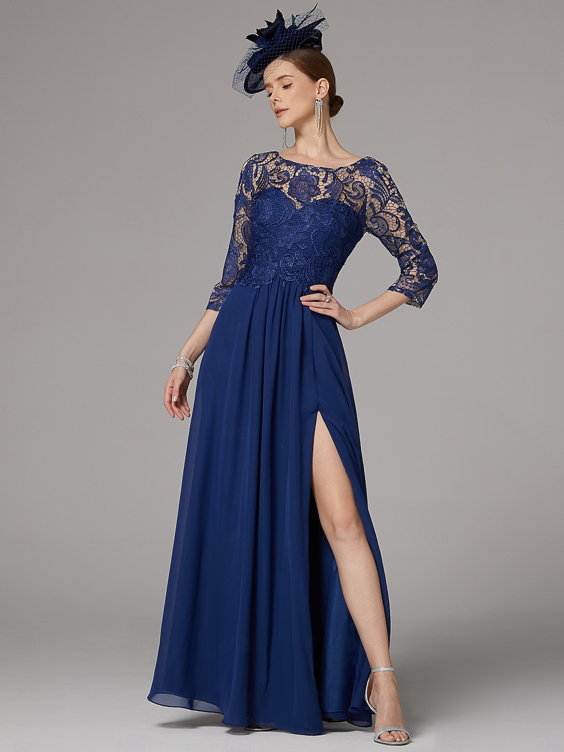 A-Linien-Kleid, elegantes Kleid für die Mutter der Braut, hoher Schlitz, U-Boot-Ausschnitt, bodenlang, Chiffon, 3/4-Ärmel mit Spitzenapplikationen, 2025 2025 - $150.99 –P4
