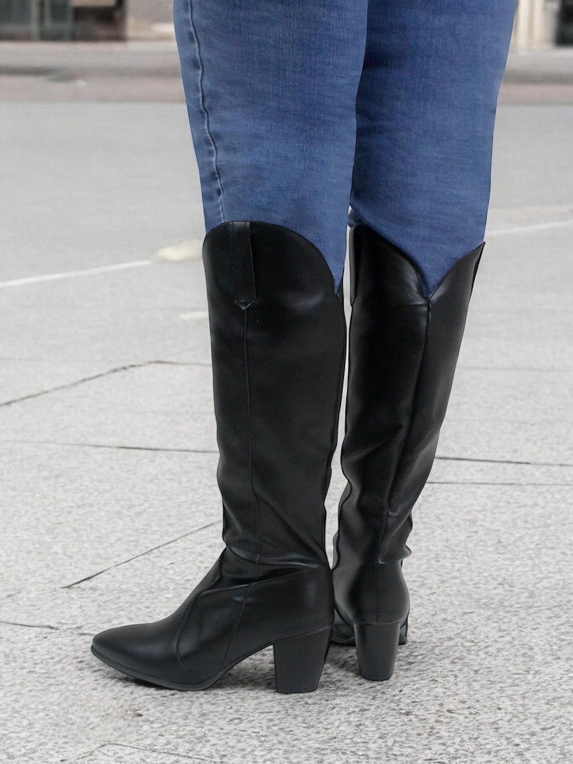 černé westernové boty z umělé kůže po kolena se špičatou špičkou a blokovými podpatky – elegantní styl kovbojky pro ženy 2025 - $46.99 –P2