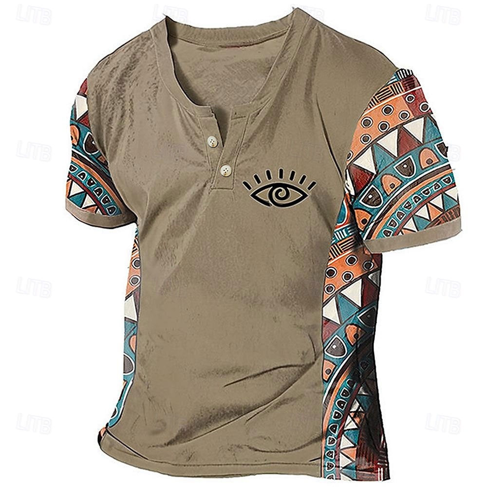 Herr Grafisk Färgblock Stam T-shirt Henleytröja Kortärmad 3d-utskrivning Designer Etnisk Klassisk Utomhus Semester Dagligen Vår & sommar Mörkbrun Blå Himmelsblå Brun Grön V-hals Henley T-shirt 2025 - $17.99 –P4