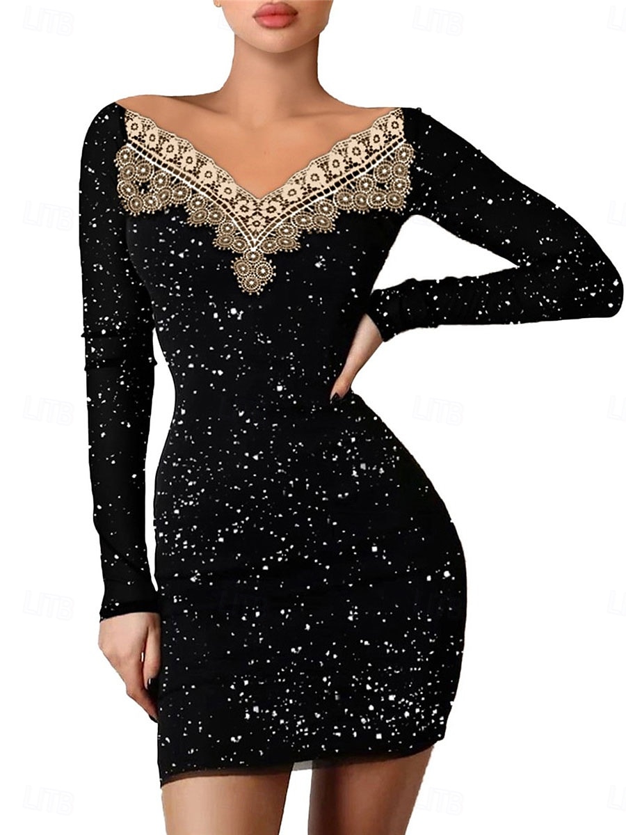 Pentru femei Rochie neagra Rochie Mini Dantelă Peteci Casual De Pe Umăr Manșon Lung Negru Caisă Culoare 2025 - $25.99 –P4