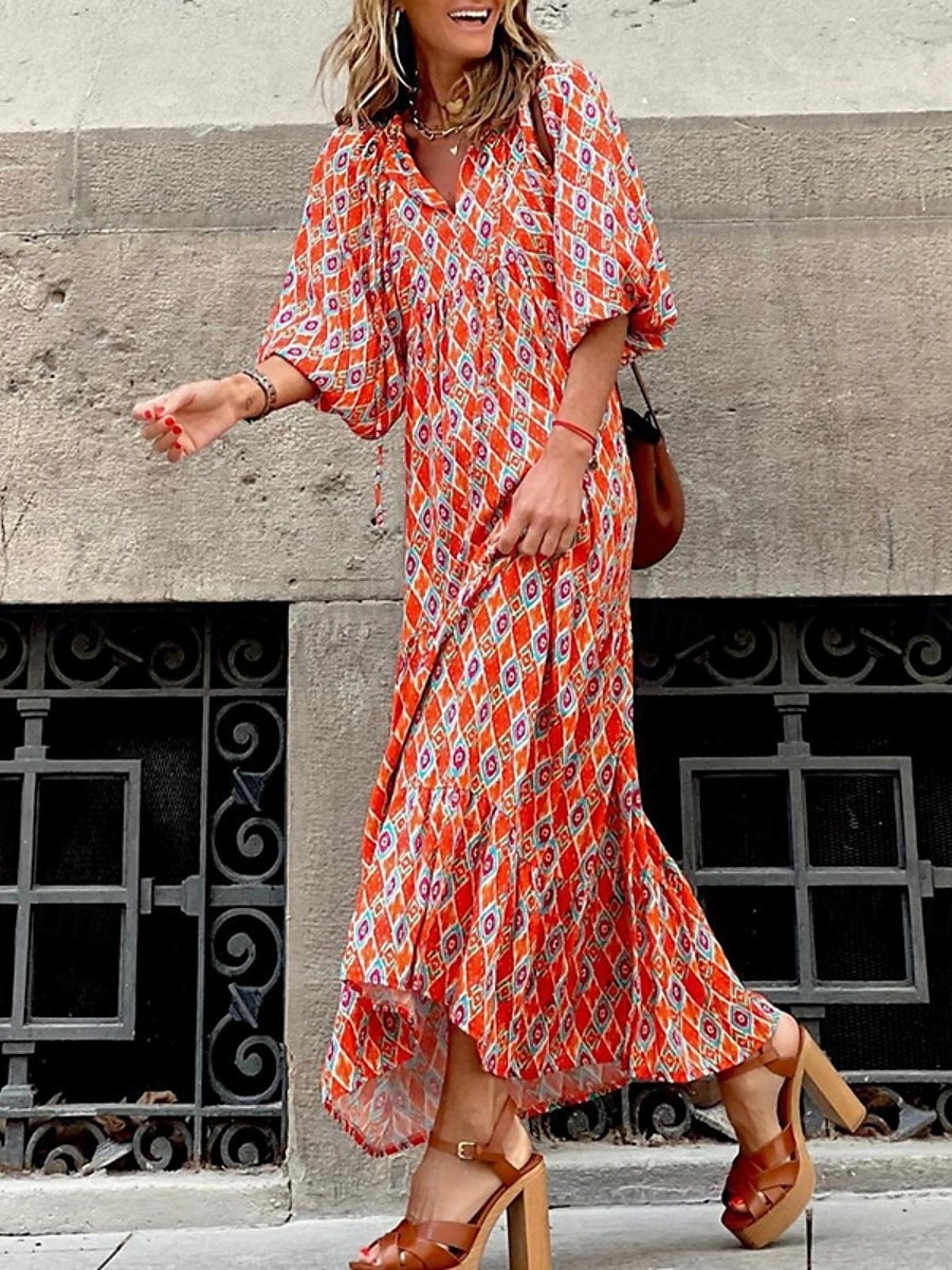 rochie maxi dama cu decolteu in V geometric cu maneca 3/4 vara primavara 2025 - $41.99 –P3