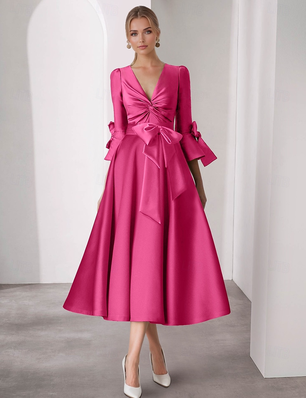 Abiti da cocktail A-Line per matrimonio in spiaggia abito elegante formale lunghezza tè maniche 3/4 scollatura a V in satin con fiocco/i abiti farfalla arricciati del 2025 a $157.99 –P4