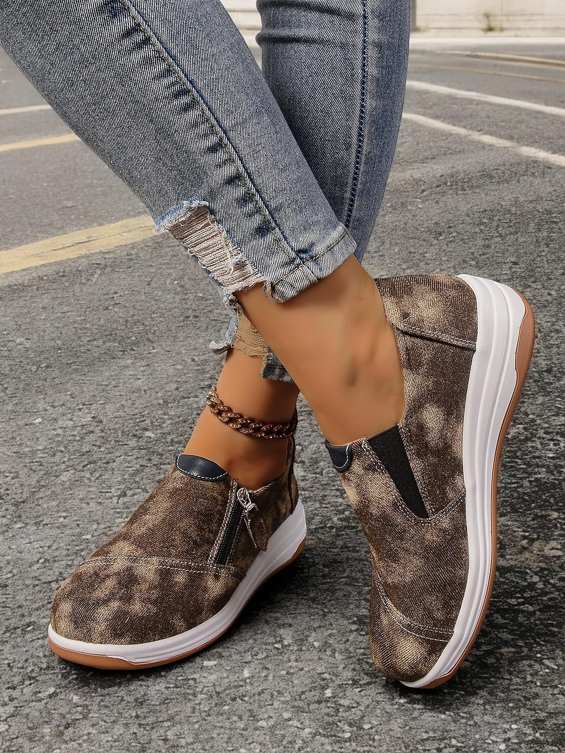 dámské neformální modré džínové slip-on tenisky – stylové vycházkové boty na zip s polstrovanou podrážkou pro každodenní pohodlí 2025 - $29.99 –P8