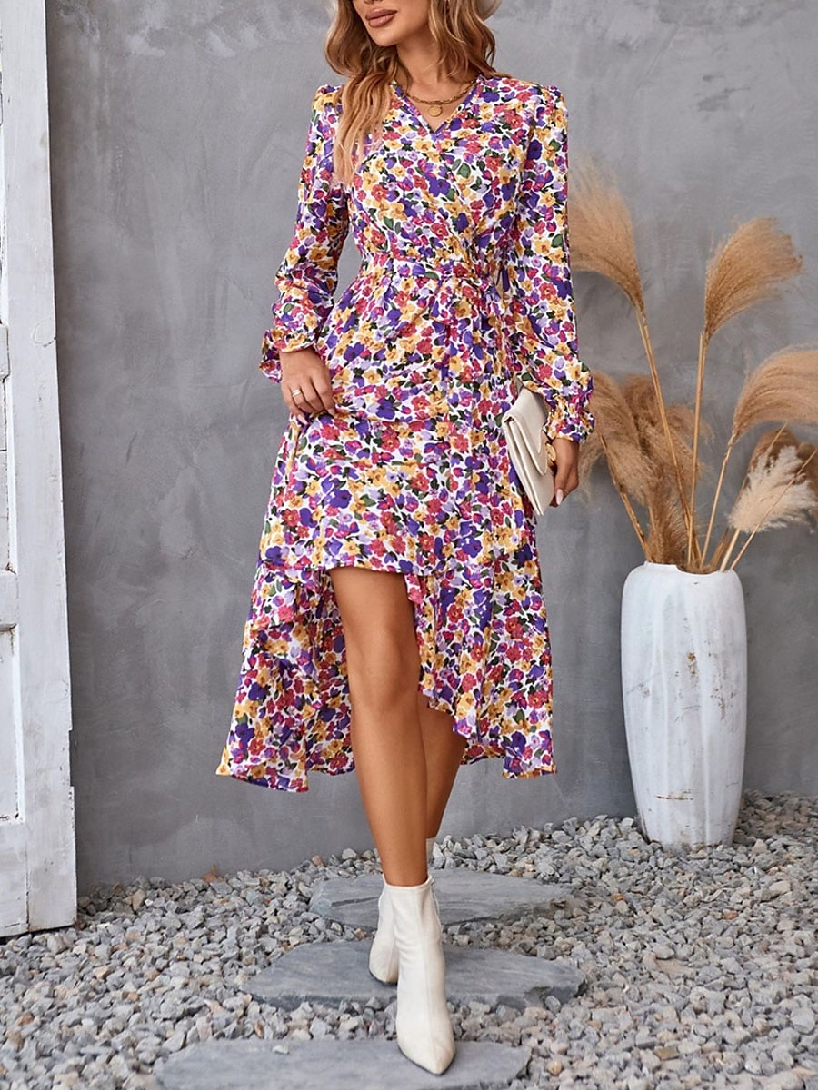 Femme Robe mi-longue Robe casual Robe Évasée Robe Portefeuille Robe Trapèze Décontractées du quotidien Standard Floral manche longue Col V Noir Violet Vert Eté Printemps Automne de 2025 ? $41.99 –P1